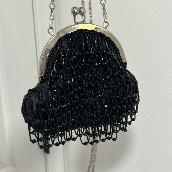 Vintage Bijoux Terner black beaded evening handbag shoulder bag kiss lock silver - Picture 5 of 14